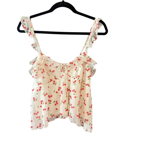 wild fable Tops - Wild Fable White Cherry Print Ruffle Camisole Top Sm Tie Front Babydoll Coquette